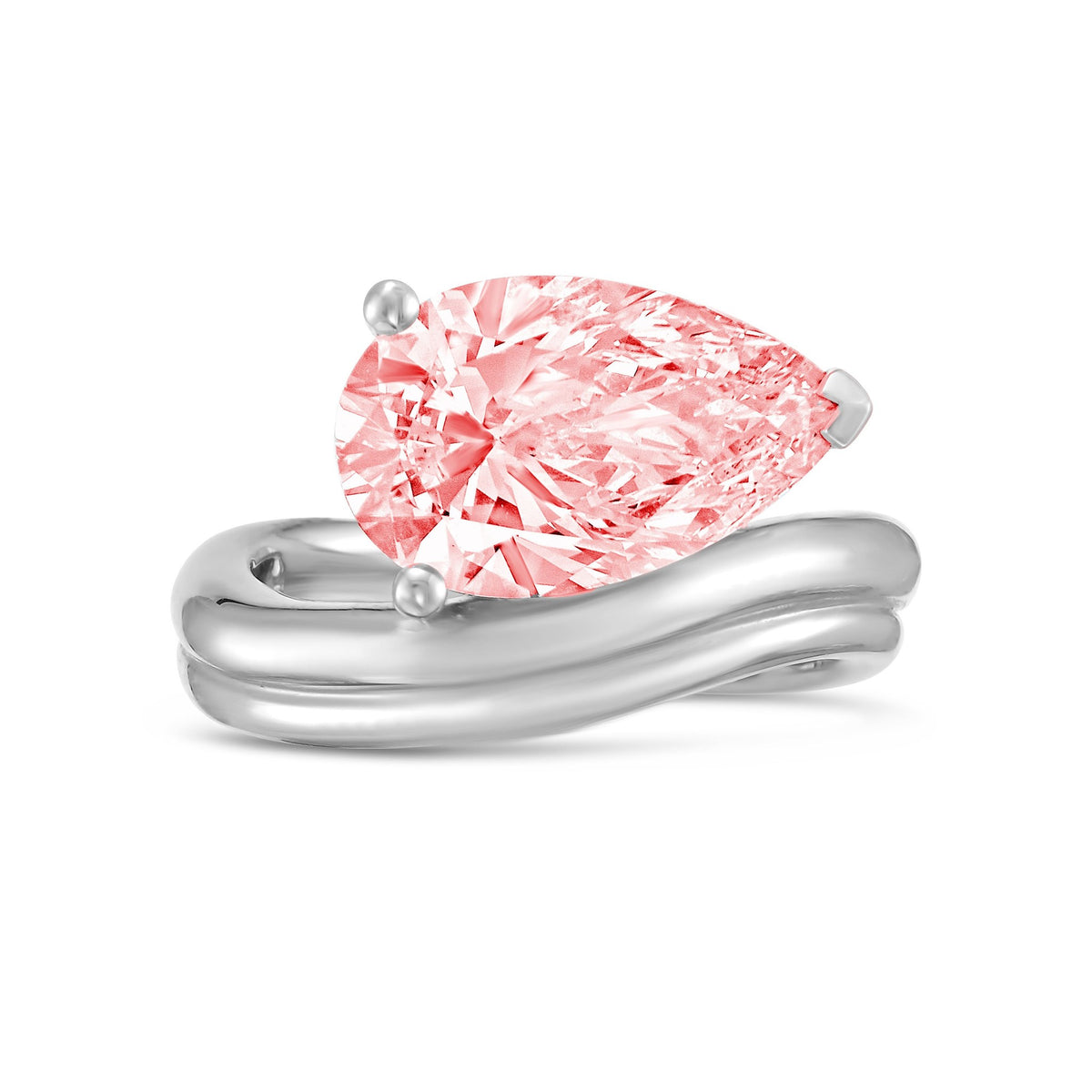 Lab-Grown Pink Pear Diamond Ring with Wavy Band in 14K White Gold