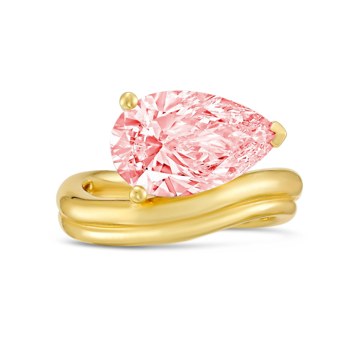 Lab-Grown Pink Pear Diamond Ring with Wavy Band in 14K Yellow Gold