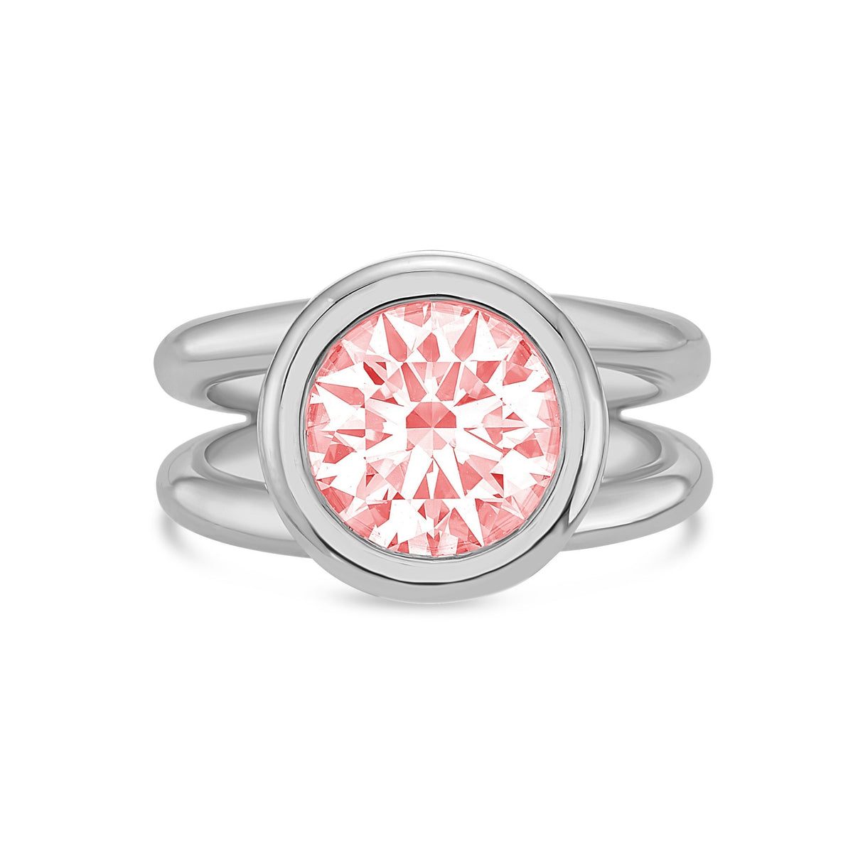 Lab-Grown Pink Round Diamond Bezel Ring with Split Shank in 14K White Gold