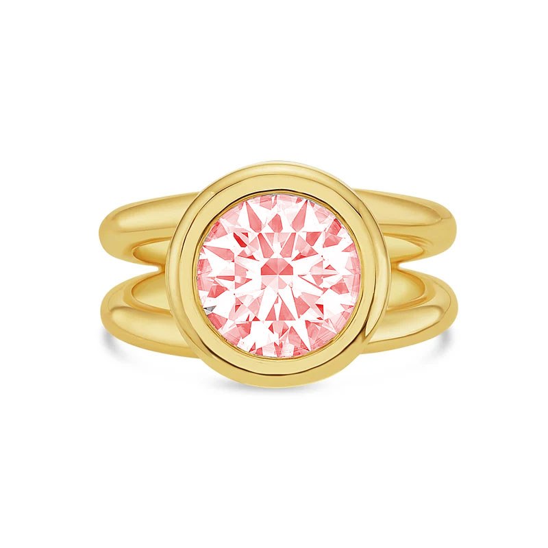 Lab-Grown Pink Round Diamond Bezel Ring with Split Shank in 14K Yellow Gold