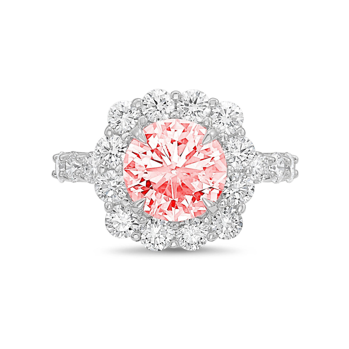 Lab-Grown Pink Round Diamond Ring with Accent Halo and Diamond Band in 14K White Gold