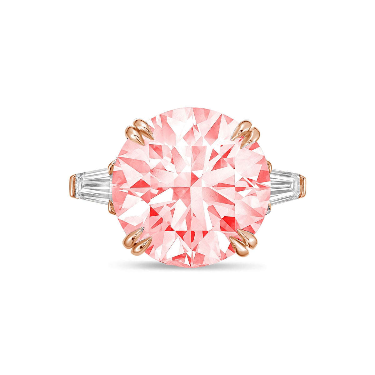 Lab-Grown Pink Round Diamond Ring with Baguettes, Double Claw in 14K Rose Gold