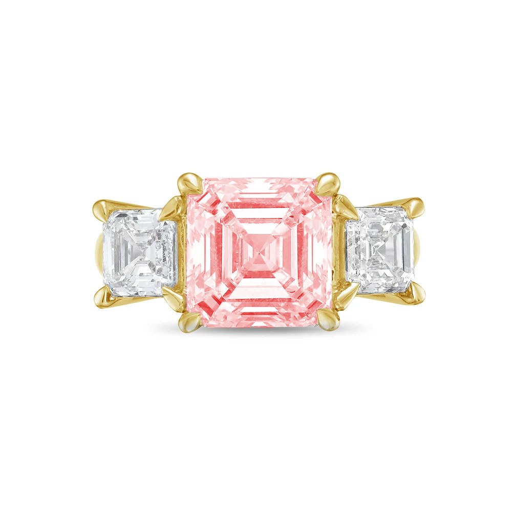 Lab-Grown Pink Three-Stone Asscher Diamond Engagement Ring in 14K Yellow Gold