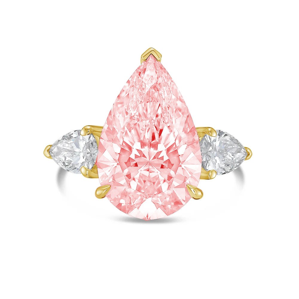 Lab-Grown Pink Three-Stone Pear Diamond Engagement Ring in 14K Yellow Gold