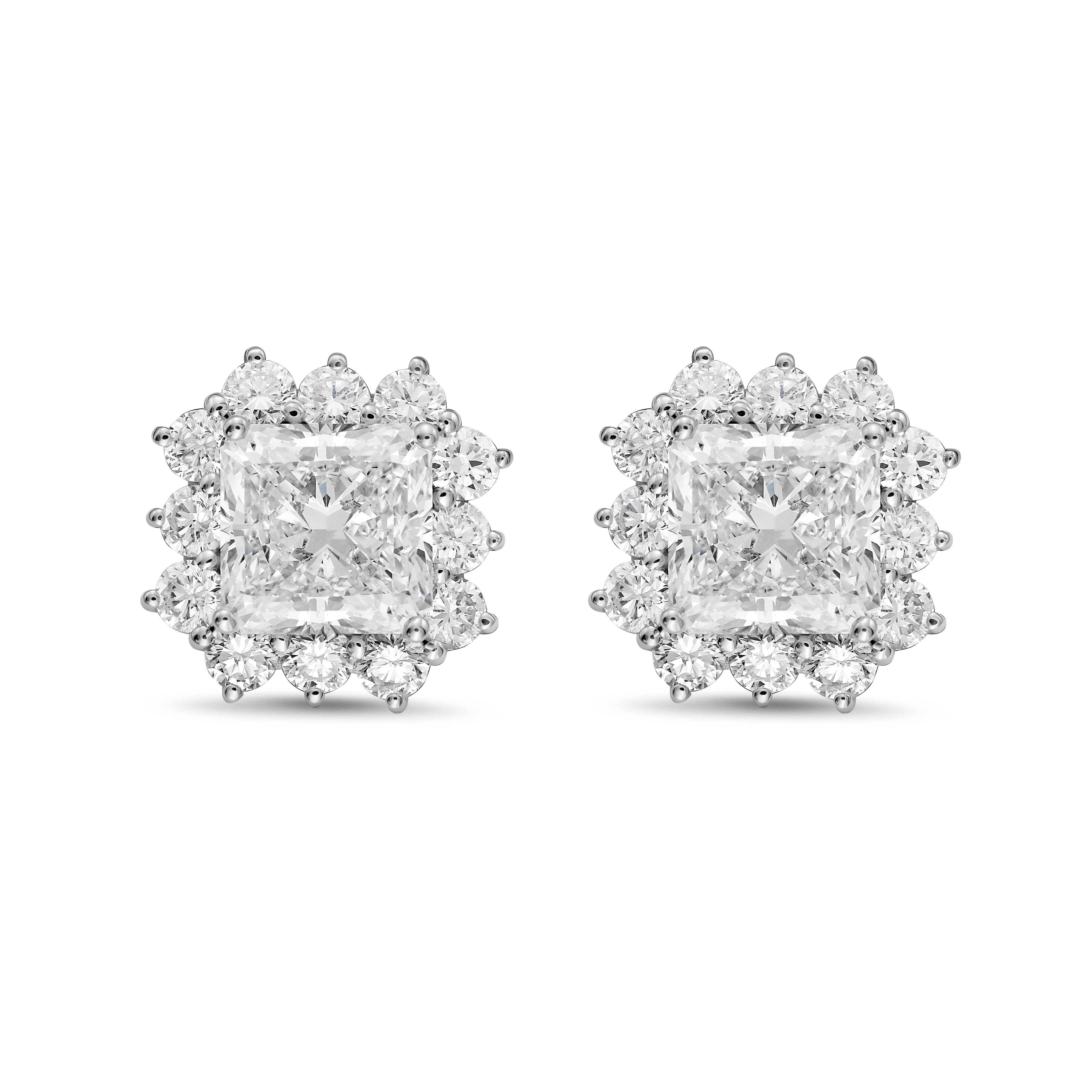 Lab-grown radiant cut diamond sunburst halo earrings in 14k white gold