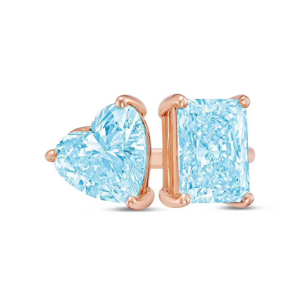 Lab-Grown Toi et Moi Ring with Blue Heart and Blue Radiant Diamonds in 14K Rose Gold