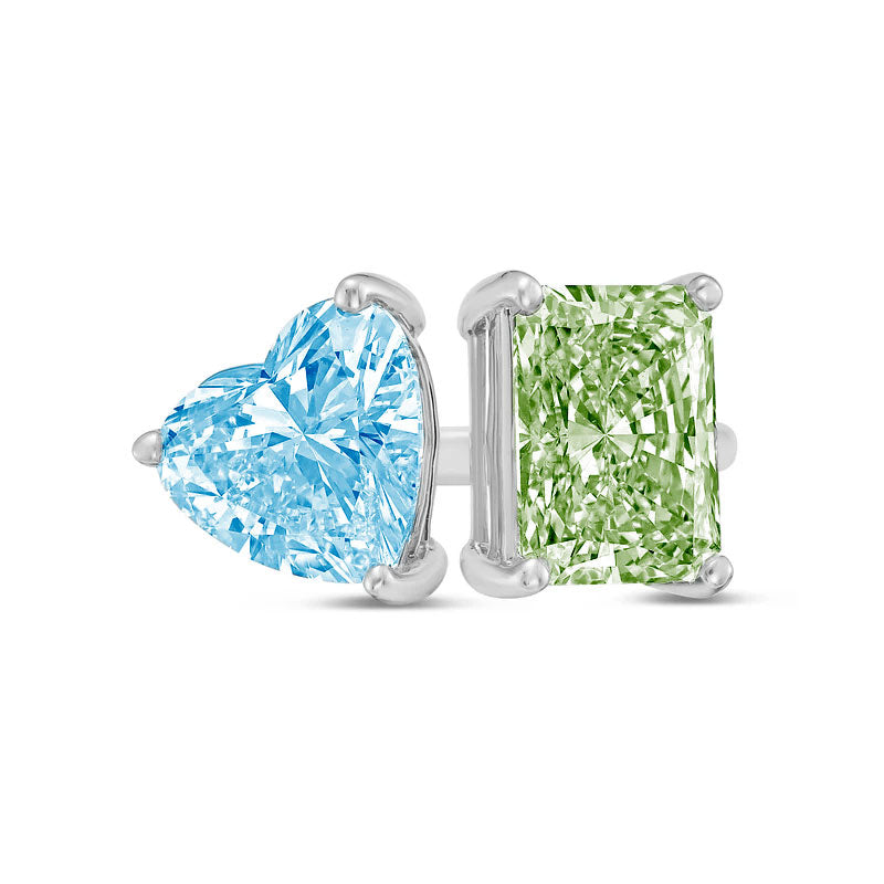 Lab-Grown Toi et Moi Ring with Blue Heart and Green Radiant Diamonds in 14K White Gold