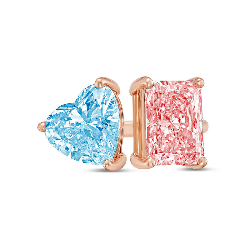 Lab-Grown Toi et Moi Ring with Blue Heart and Pink Radiant Diamonds in 14K Rose Gold