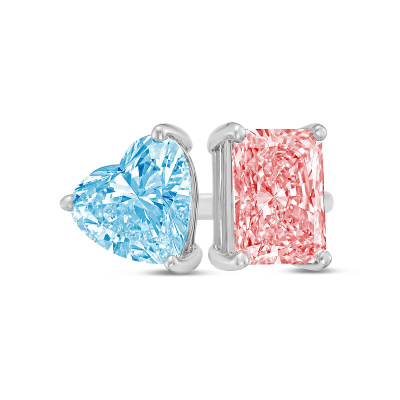 Lab-Grown Toi et Moi Ring with Blue Heart and Pink Radiant Diamonds in 14K White Gold