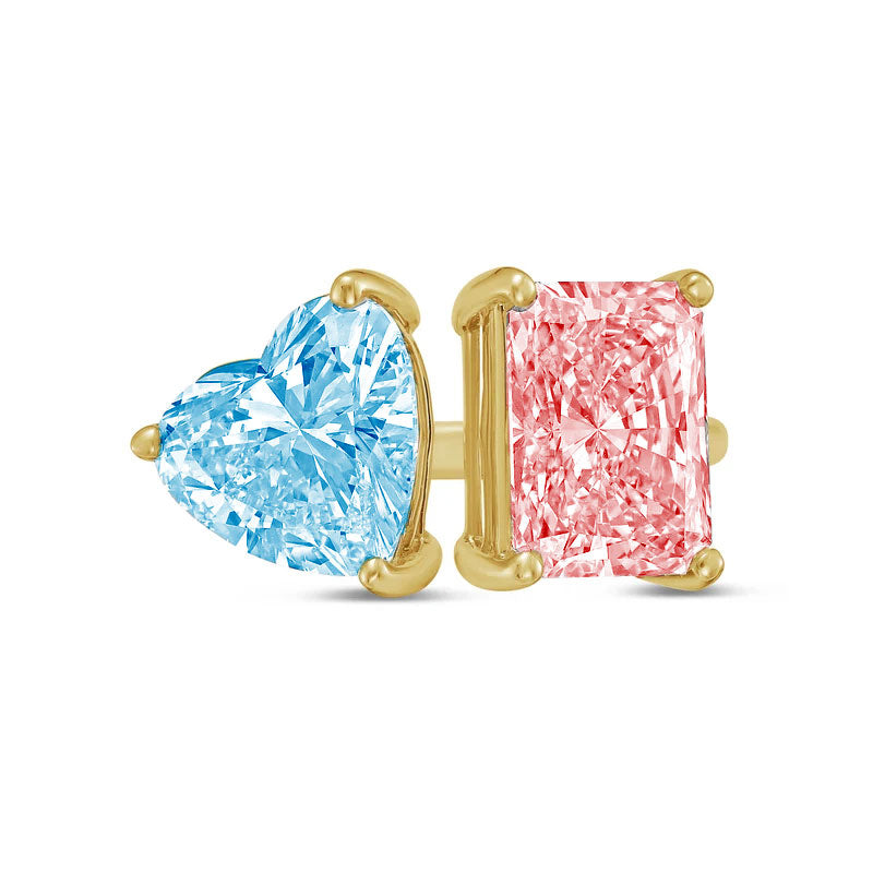 Lab-Grown Toi et Moi Ring with Blue Heart and Pink Radiant Diamonds in 14K Yellow Gold