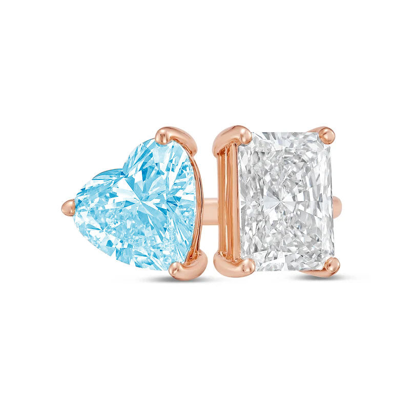 Lab-Grown Toi et Moi Ring with Blue Heart and White Radiant Diamonds in 14K Rose Gold