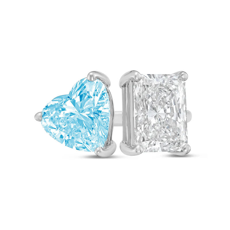 Lab-Grown Toi et Moi Ring with Blue Heart and White Radiant Diamonds in 14K White Gold