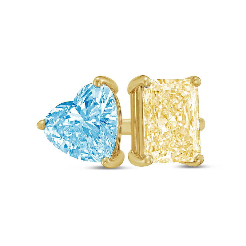 Lab-Grown Toi et Moi Ring with Blue Heart and Yellow Radiant Diamonds in 14K Yellow Gold
