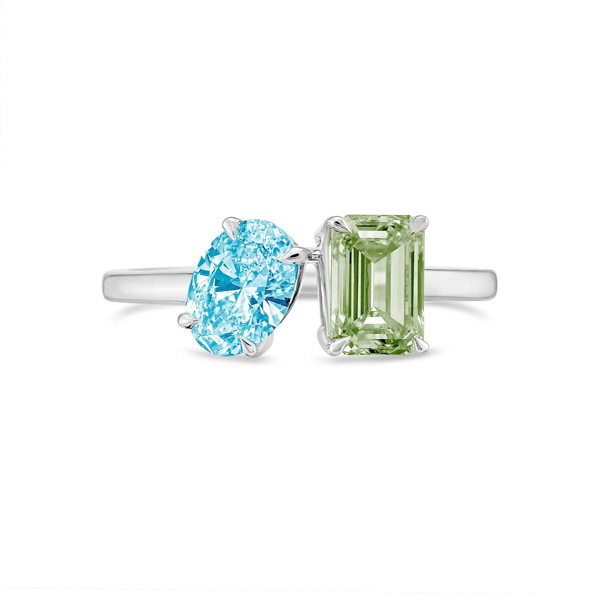 Lab-Grown Toi et Moi Ring with Blue Oval and Green Emerald Diamonds in 14K White Gold