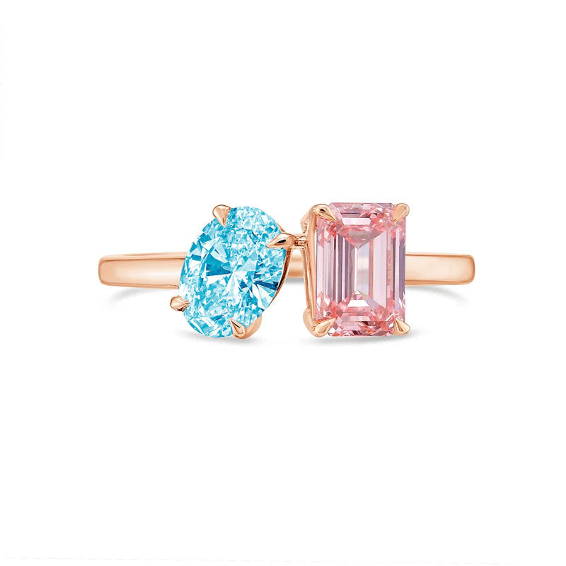 Lab-Grown Toi et Moi Ring with Blue Oval and Pink Emerald Diamonds in 14K Rose Gold