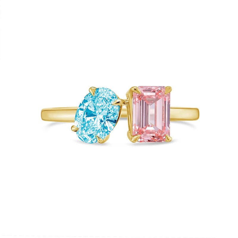 Lab-Grown Toi et Moi Ring with Blue Oval and Pink Emerald Diamonds in 14K Yellow Gold