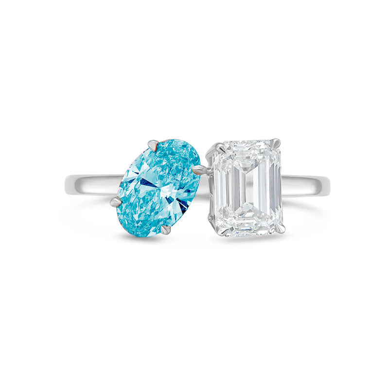 Lab-Grown Toi et Moi Ring with Blue Oval and White Emerald Diamonds in 14K White Gold