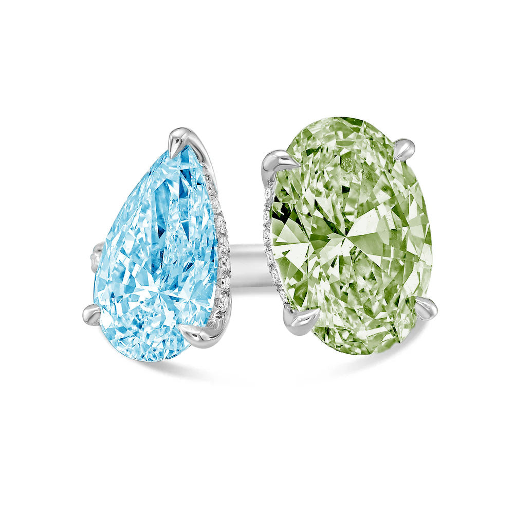 Lab-Grown Toi et Moi Ring with Blue Pear and Green Oval Diamonds in 14K White Gold