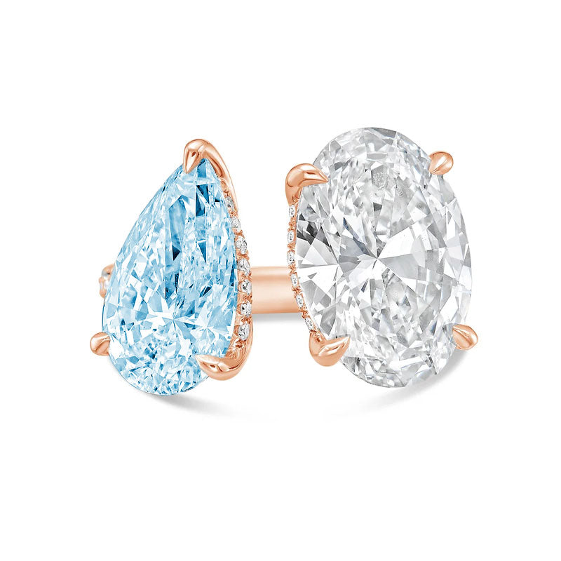 Lab-Grown Toi et Moi Ring with Blue Pear and White Oval Diamonds in 14K Rose Gold