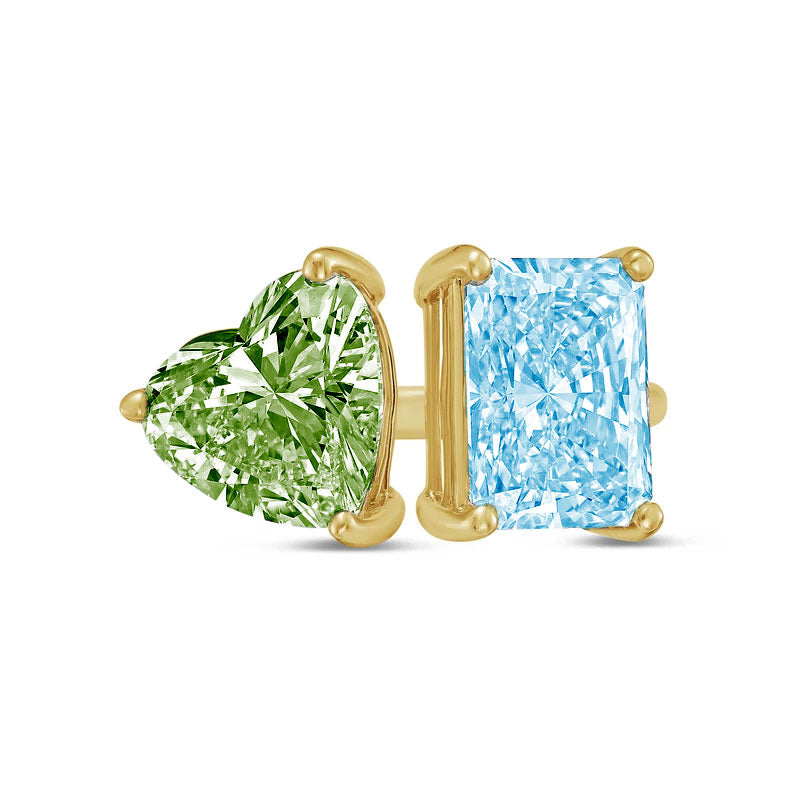 Lab-Grown Toi et Moi Ring with Green Heart and Blue Radiant Diamonds in 14K Yellow Gold