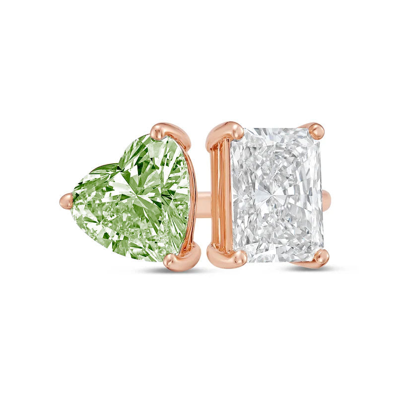 Lab-Grown Toi et Moi Ring with Green Heart and White Radiant Diamonds in 14K Rose Gold