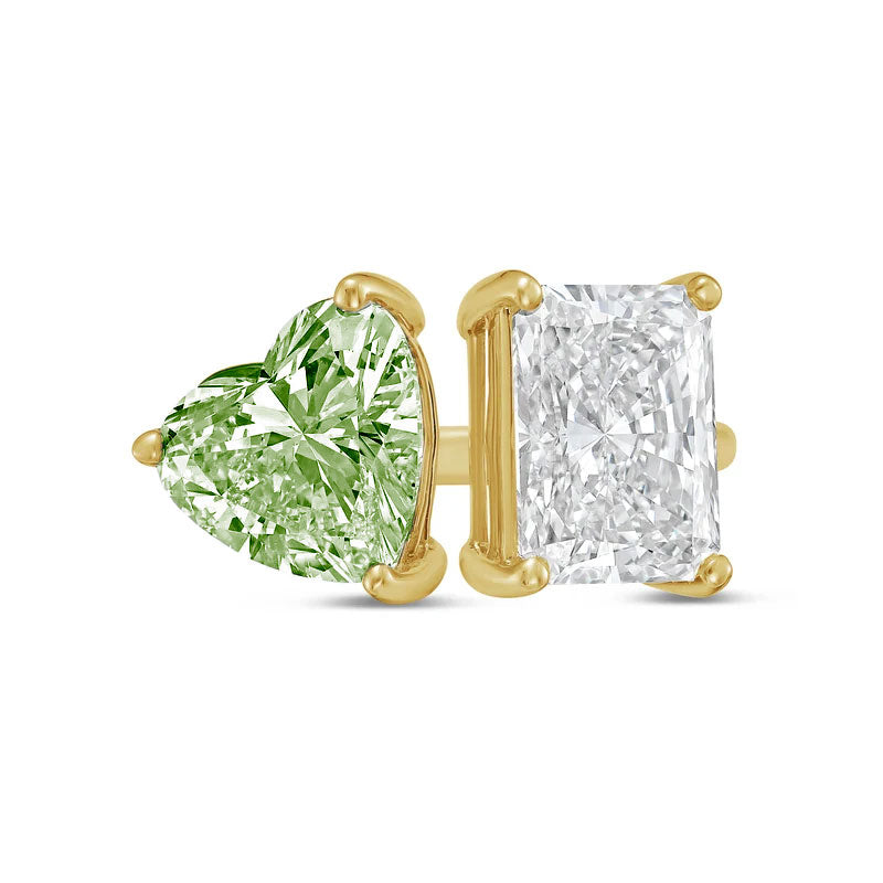 Lab-Grown Toi et Moi Ring with Green Heart and White Radiant Diamonds in 14K Yellow Gold