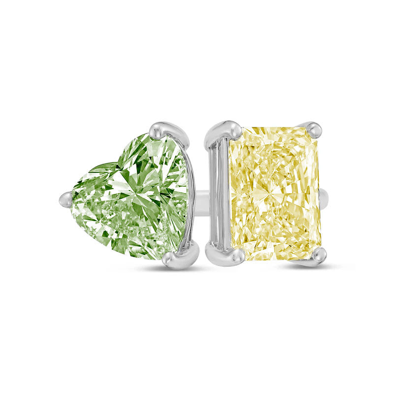 Lab-Grown Toi et Moi Ring with Green Heart and Yellow Radiant Diamonds in 14K White Gold