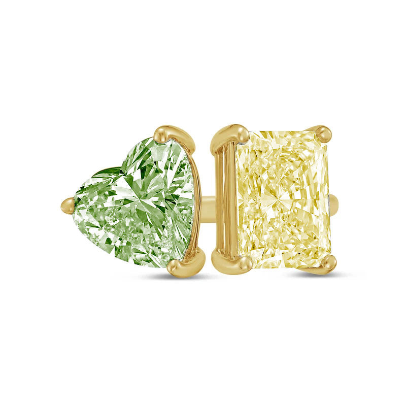 Lab-Grown Toi et Moi Ring with Green Heart and Yellow Radiant Diamonds in 14K Yellow Gold