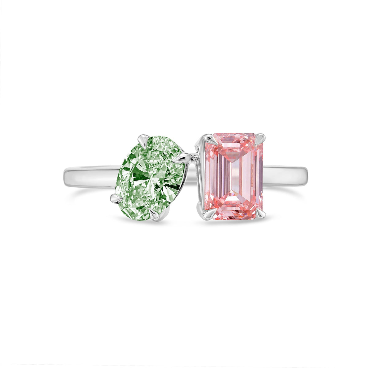 Lab-Grown Toi et Moi Ring with Green Oval and Pink Emerald Diamonds in 14K White Gold