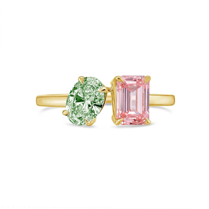 Lab-Grown Toi et Moi Ring with Green Oval and Pink Emerald Diamonds in 14K Yellow Gold