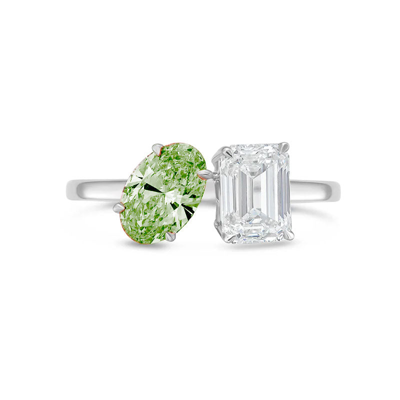 Lab-Grown Toi et Moi Ring with Green Oval and White Emerald Diamonds in 14K White Gold