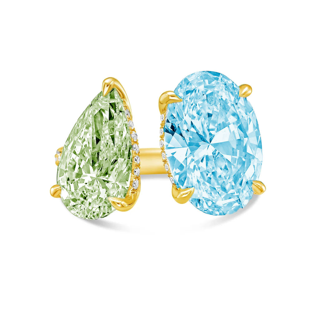 Lab-Grown Toi et Moi Ring with Green Pear and Blue Oval Diamonds in 14K Yellow Gold