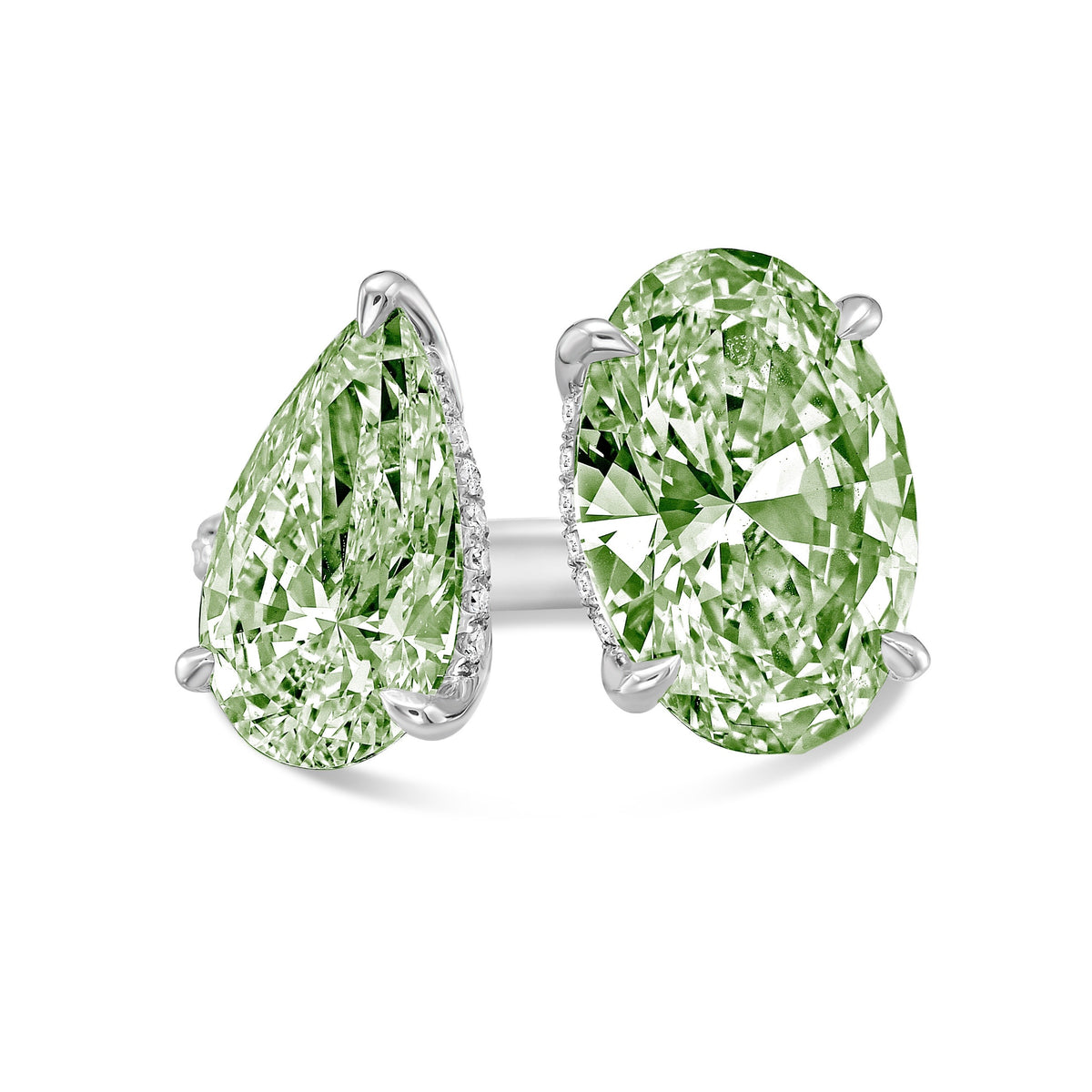 Lab-Grown Toi et Moi Ring with Green Pear and Green Oval Diamonds in 14K White Gold