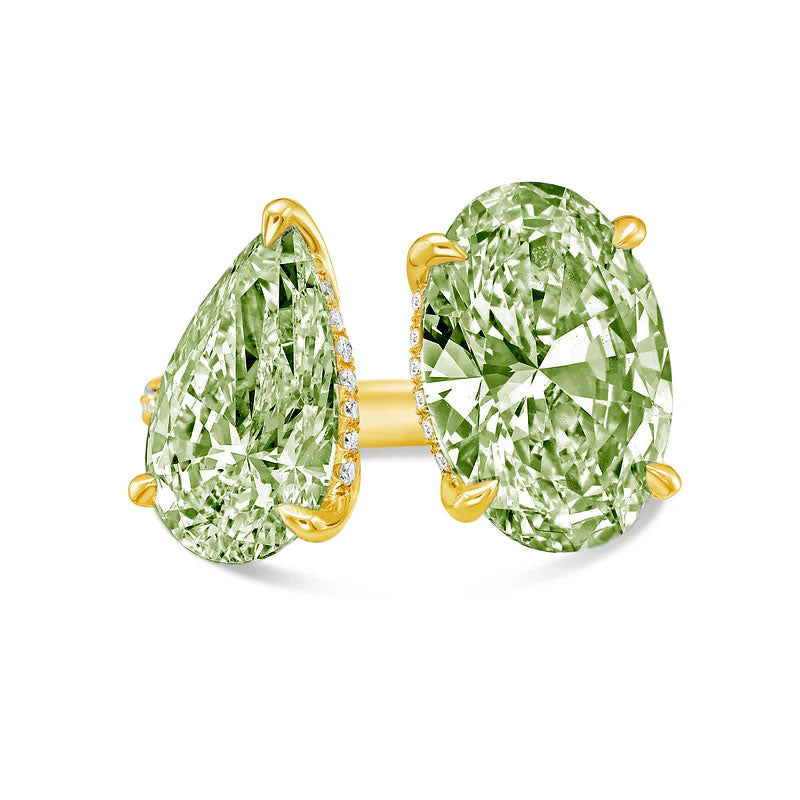 Lab-Grown Toi et Moi Ring with Green Pear and Green Oval Diamonds in 14K Yellow Gold