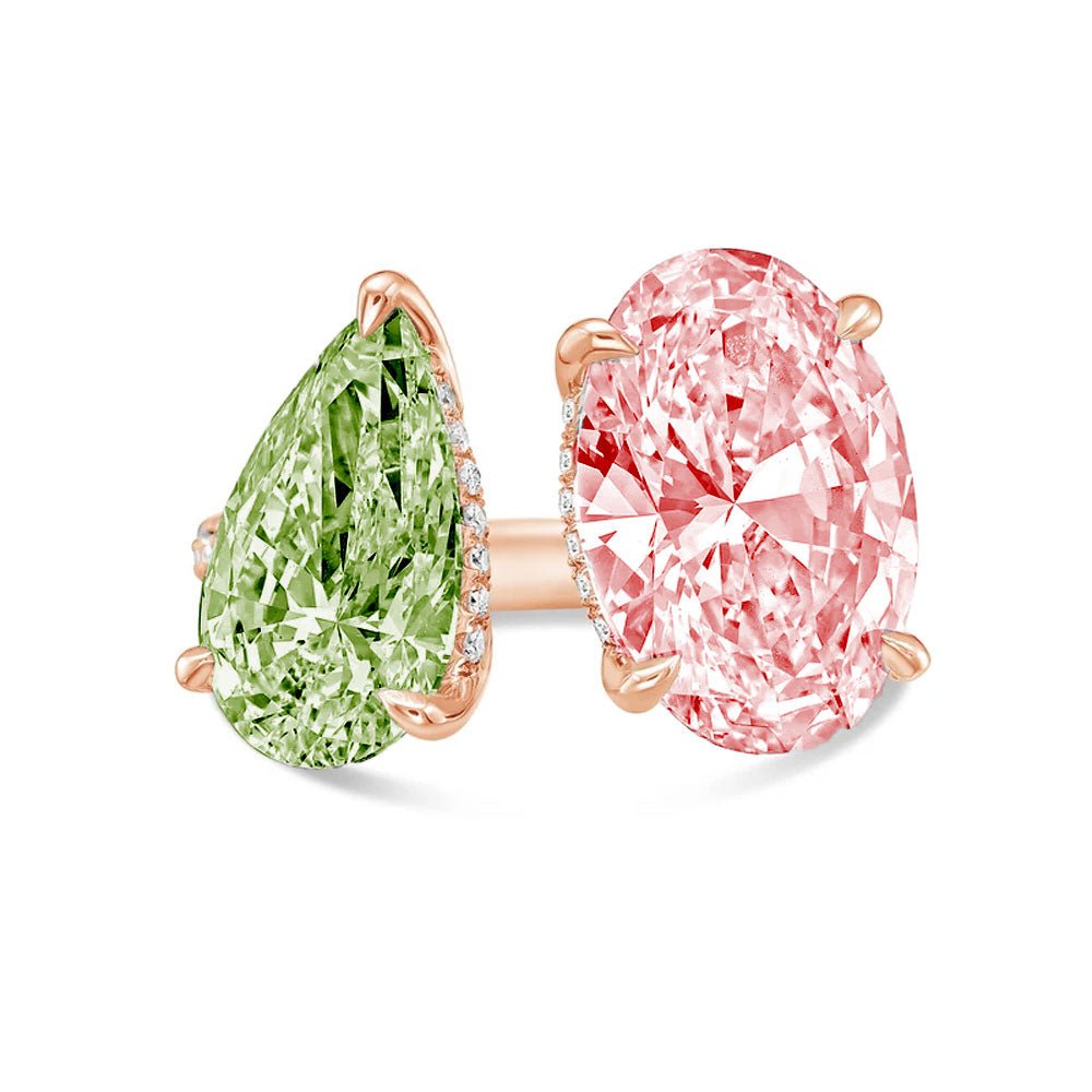 Lab-Grown Toi et Moi Ring with Green Pear and Pink Oval Diamonds in 14K Rose Gold