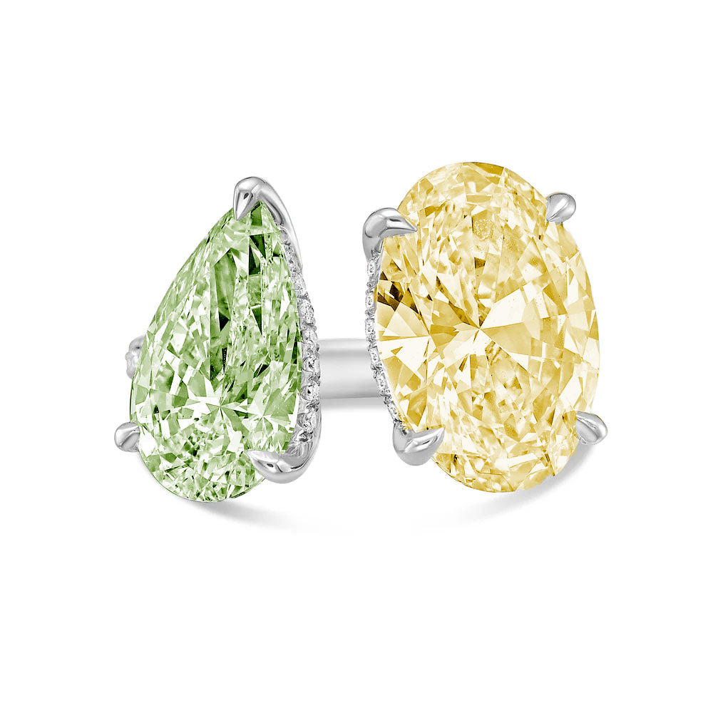 Lab-Grown Toi et Moi Ring with Green Pear and Yellow Oval Diamonds in 14K White Gold