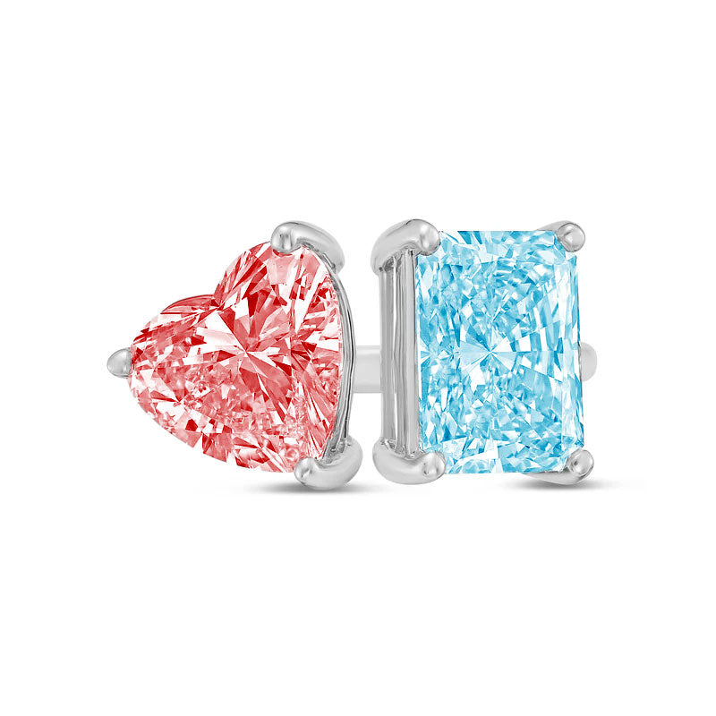 Lab-Grown Toi et Moi Ring with Pink Heart and Blue Radiant Diamonds in 14K White Gold