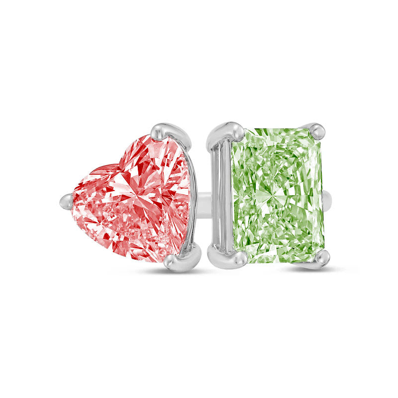 Lab-Grown Toi et Moi Ring with Pink Heart and Green Radiant Diamonds in 14K White Gold