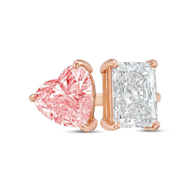 Lab-Grown Toi et Moi Ring with Pink Heart and White Radiant Diamonds in 14K Rose Gold