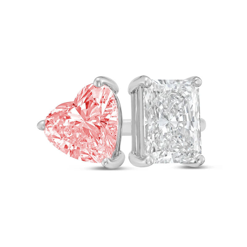 Lab-Grown Toi et Moi Ring with Pink Heart and White Radiant Diamonds in 14K White Gold