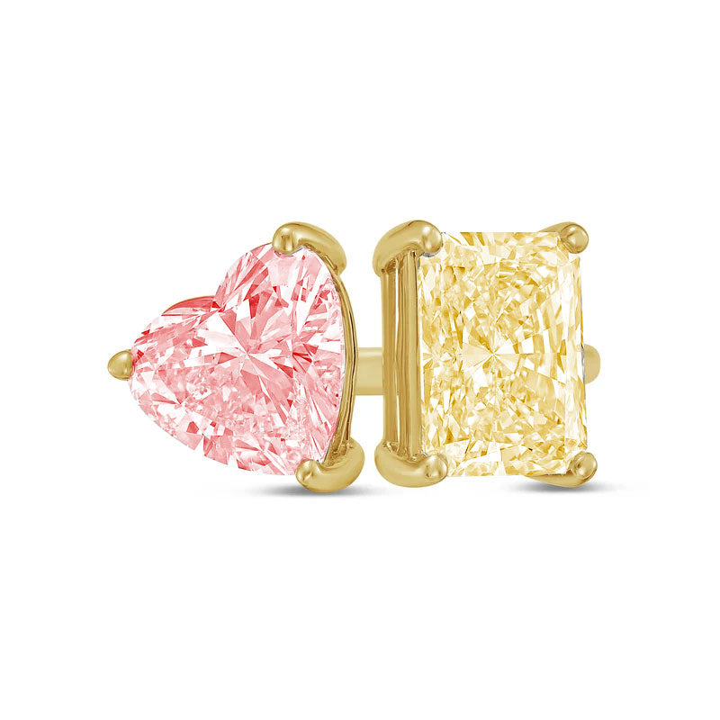 Lab-Grown Toi et Moi Ring with Pink Heart and Yellow Radiant Diamonds in 14K Yellow Gold