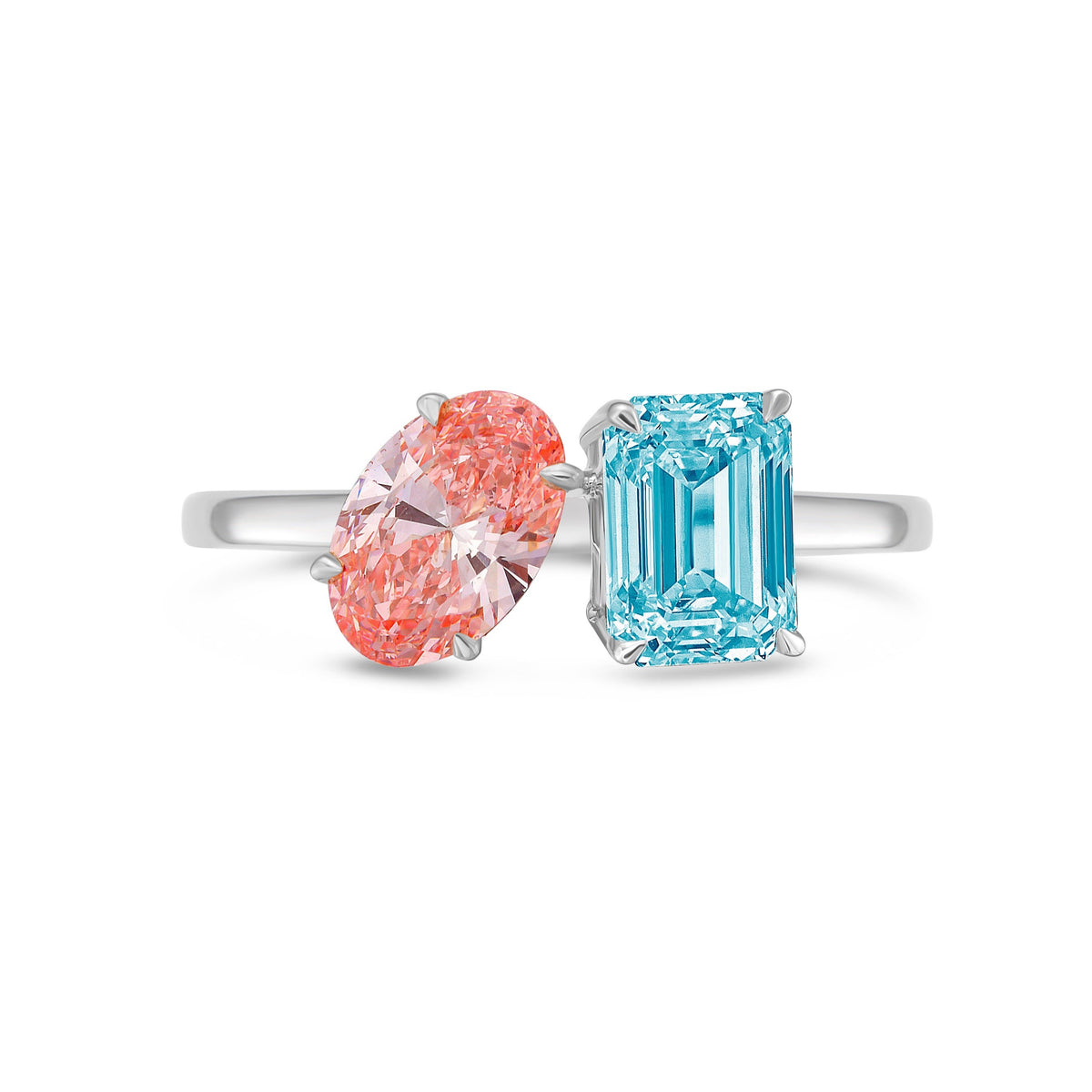 Lab-Grown Toi et Moi Ring with Pink Oval and Blue Emerald Diamonds in 14K White Gold