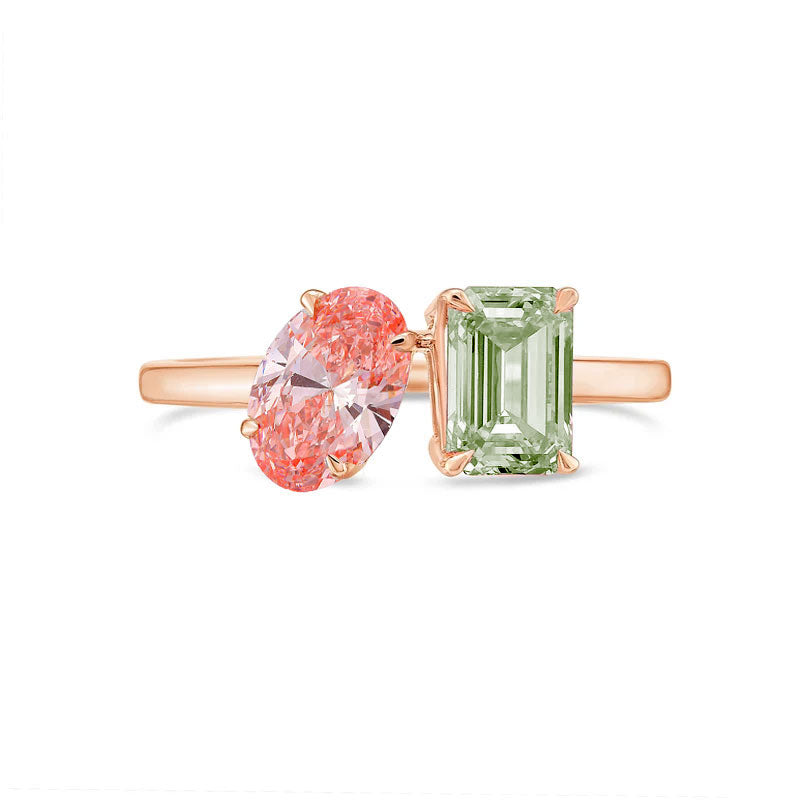 Lab-Grown Toi et Moi Ring with Pink Oval and Green Emerald Diamonds in 14K Rose Gold