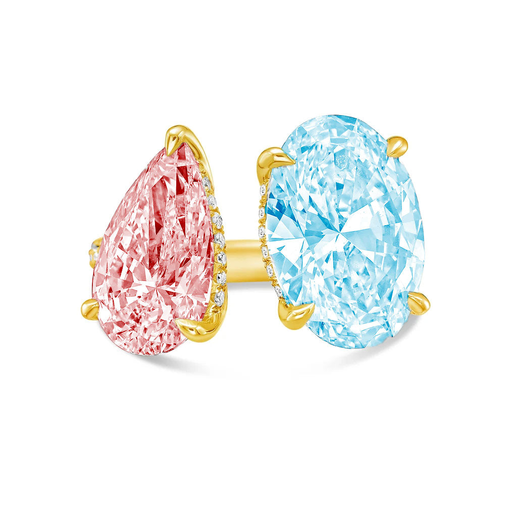 Lab-Grown Toi et Moi Ring with Pink Pear and Blue Oval Diamonds in 14K Yellow Gold