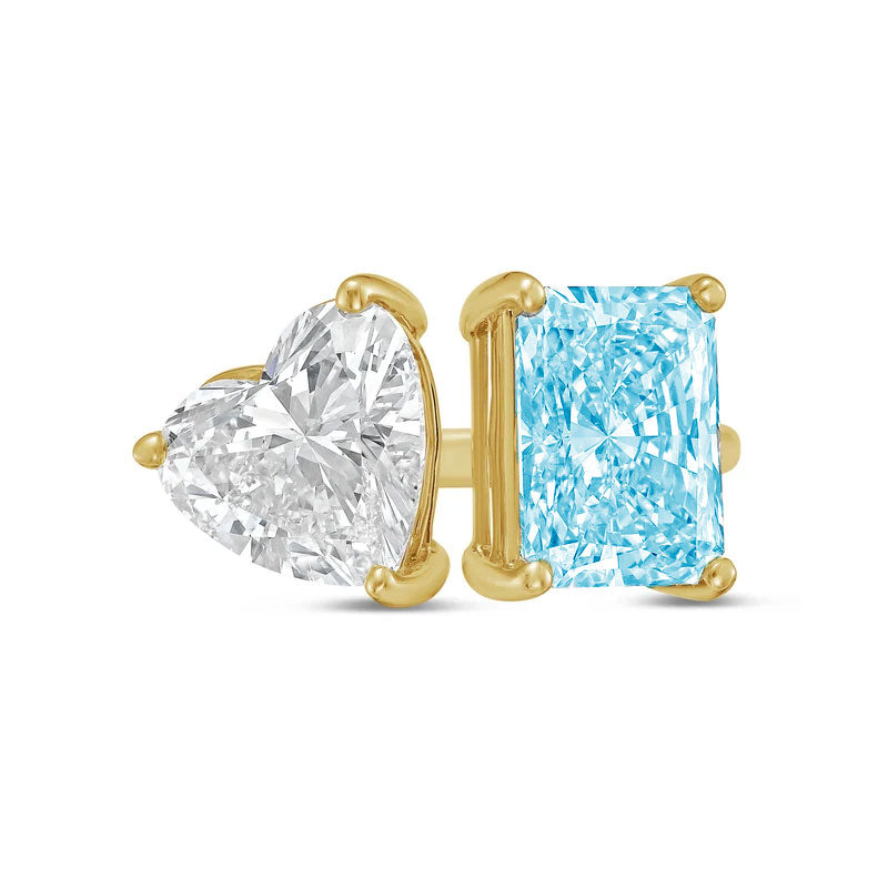 Lab-Grown Toi et Moi Ring with White Heart and Blue Radiant Diamonds in 14K Yellow Gold