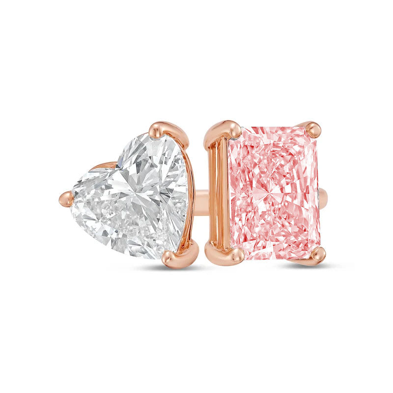 Lab-Grown Toi et Moi Ring with White Heart and Pink Radiant Diamonds in 14K Rose Gold