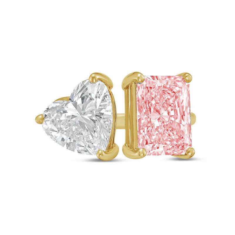 Lab-Grown Toi et Moi Ring with White Heart and Pink Radiant Diamonds in 14K Yellow Gold