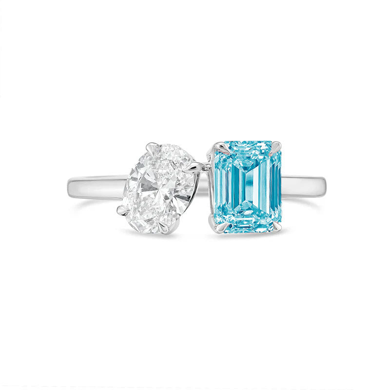 Lab-Grown Toi et Moi Ring with White Oval and Blue Emerald Diamonds in 14K White Gold