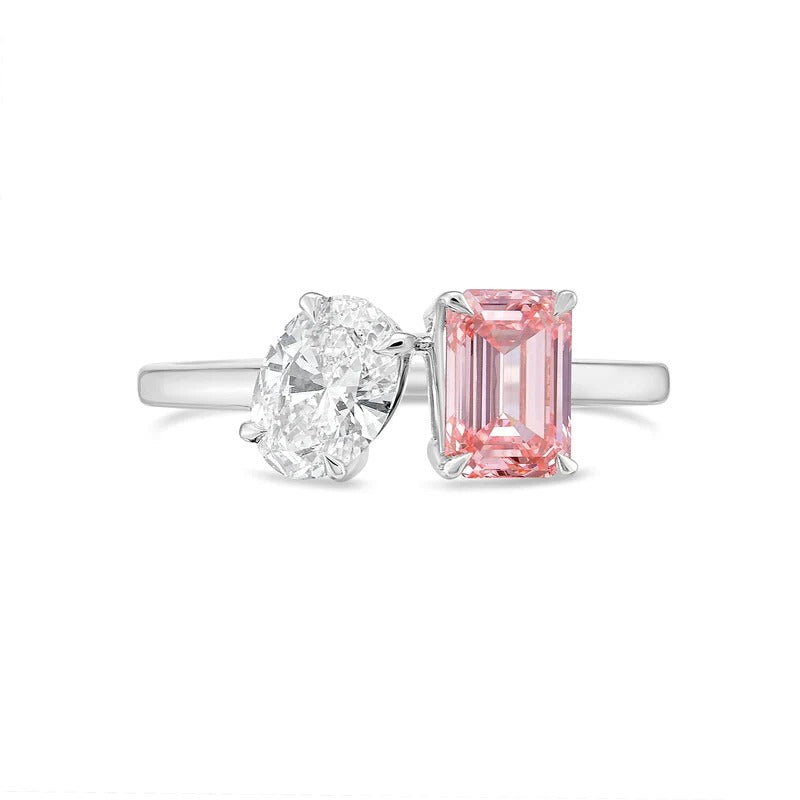 Lab-Grown Toi et Moi Ring with White Oval and Pink Emerald Diamonds in 14K White Gold
