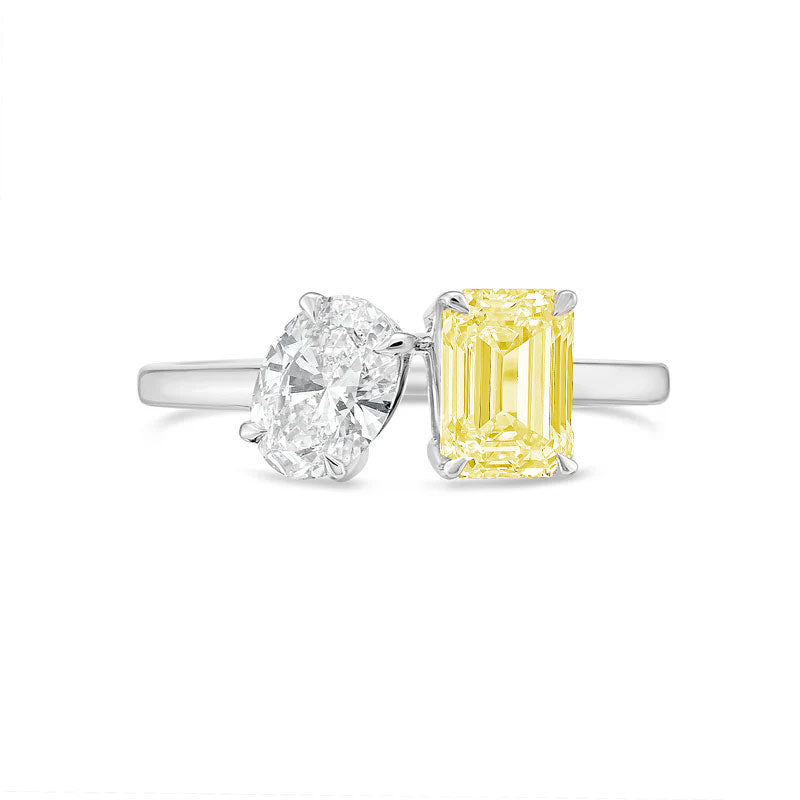 Lab-Grown Toi et Moi Ring with White Oval and Yellow Emerald Diamonds in 14K White Gold